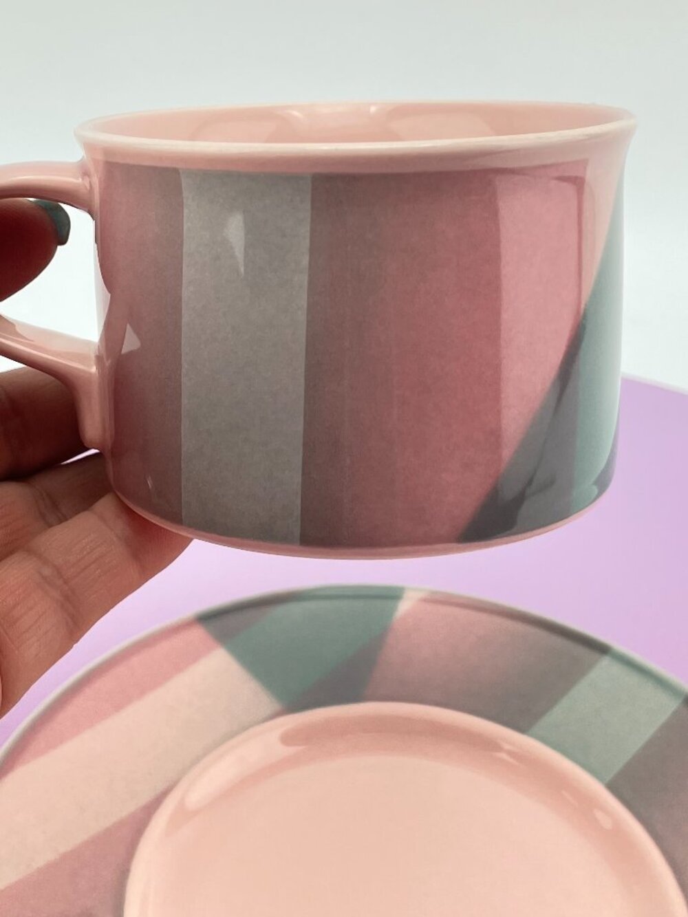 Vintage 80s Mikasa mug and saucer set, Julianna by Mikasa, pink and green